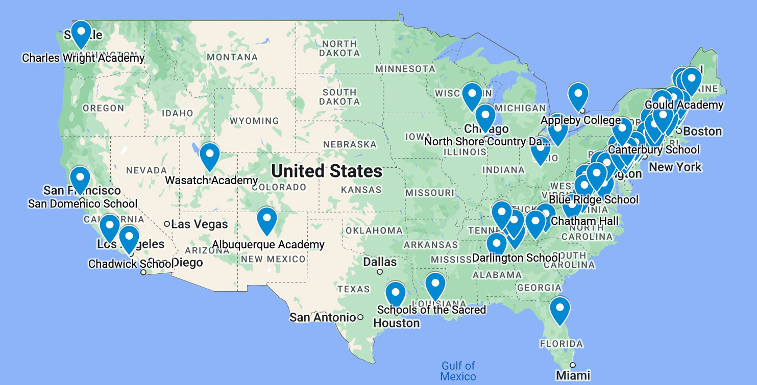 map of US boarding schools for international students