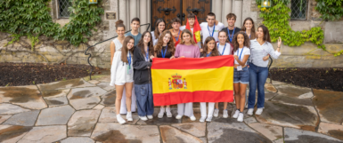 A group of high school students from the country of Spain at ASSIST orientation in 2023 at the Pomfret School in Connecticut