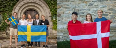 A photo of international high school students from Scandinavia holding up both the Swedish and Danish flag during orientation at a private US school