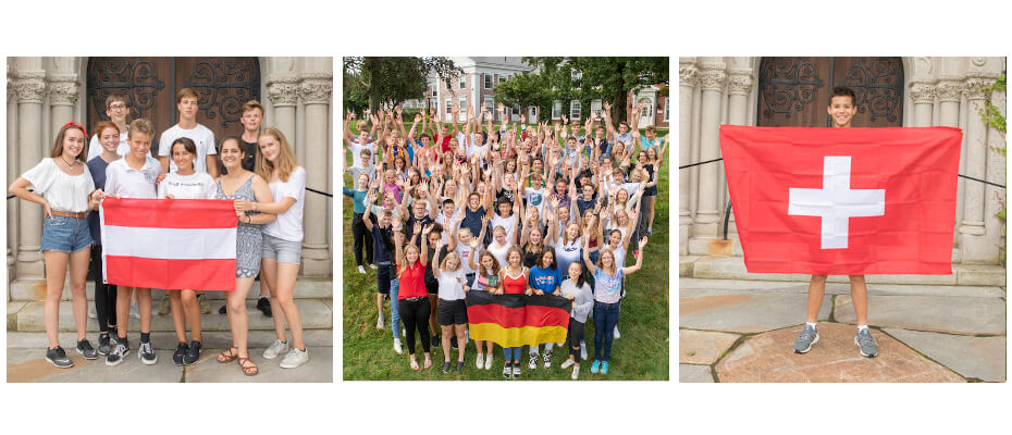 A three photo spread of students with flags representing their countries