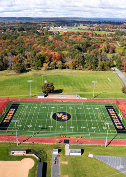 Overhead view of football field with fall colors