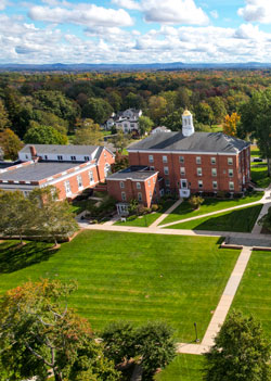 Overhead view of brick buildings on campus
